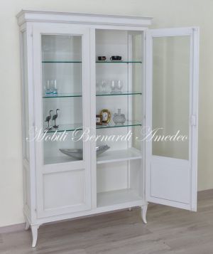 Classic style solid wood display cabinet with glass doors in white finish